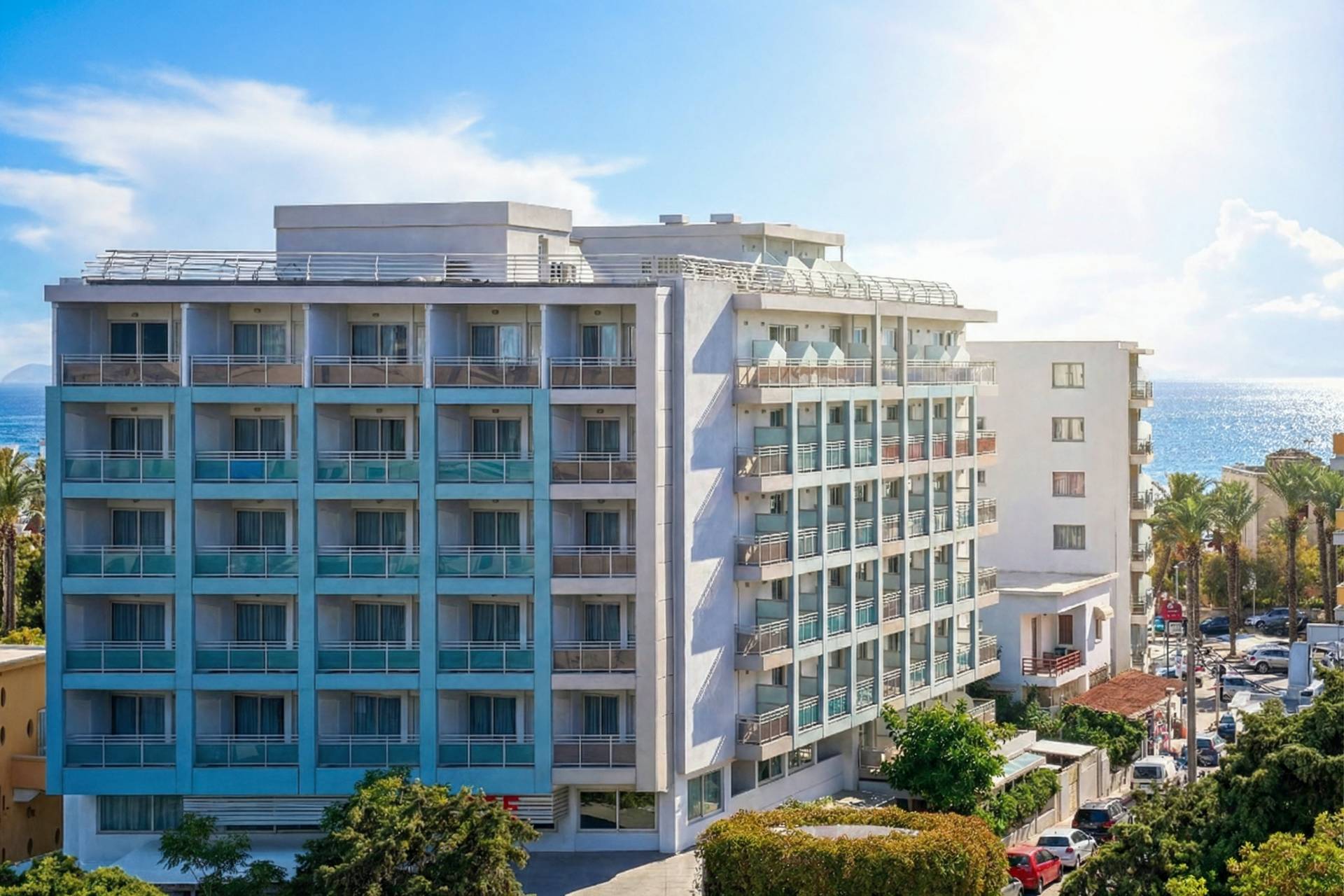
Aquamare City & Beach Hotel exterior with private balconies and Aegean Sea views in Rhodes Town