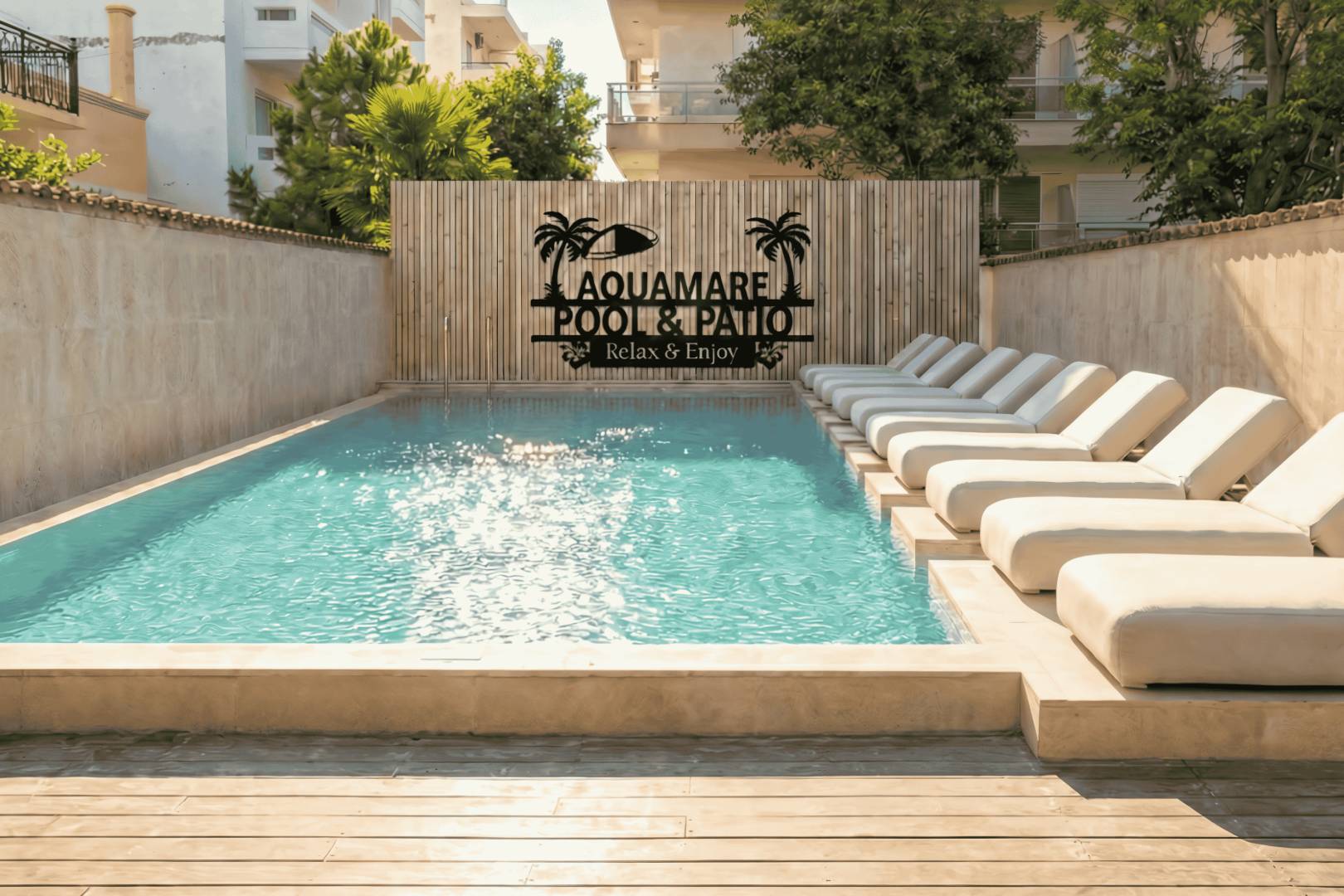 
Το Aquamare Pool & Patio με πισίνα γλυκού νερού και αναπαυτικές ξαπλώστρες στην πόλη της Ρόδου
